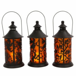 Budget 🥰 Gerson Set Of 3 Battery-Powered Metal 🧛 Halloween Lanterns W/LED Candles 🎁