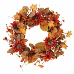Discount ✨ Gerson Company 22"Dia Fall Leaves, Berries, Sunflowers Harvest Wreath 🥰